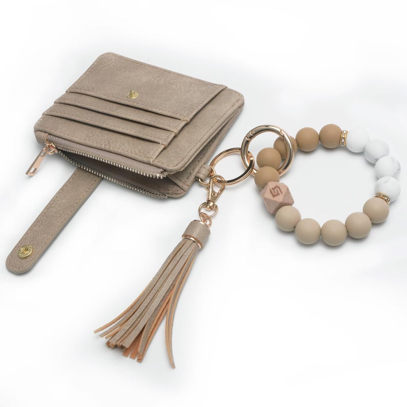 COOLANS Wristlet Bracelet Keychain Pocket Credit Card Holder Purse Tassel Keychain Bangle Key Ring for Women (Silicone Bead Bracelet+Card Purse (Brown)) - Image 4